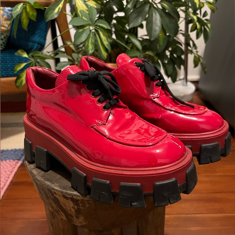 Prada red patent leather monolith lace up shoes